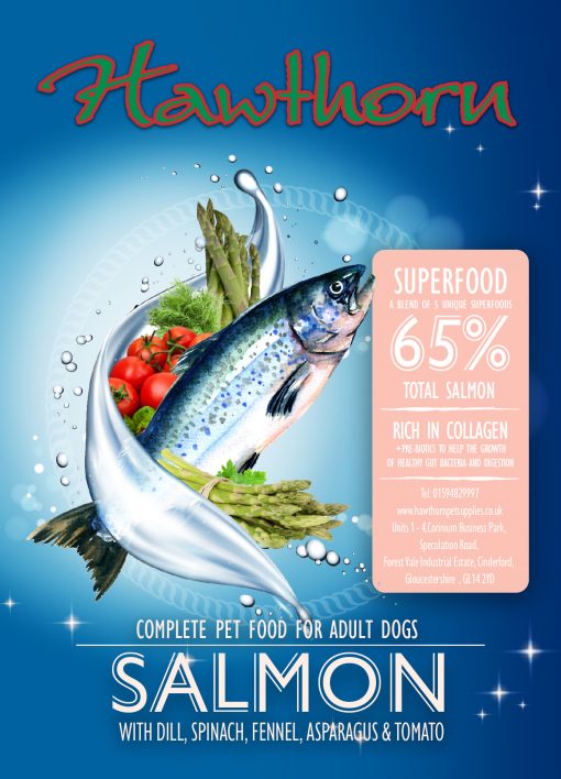 hawthorn pet supplies superfood 65 dog food high quality salmon flavour label
