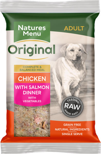 Natures Menu Original Frozen Adult Block meals chicken with salmon flavour pack shots