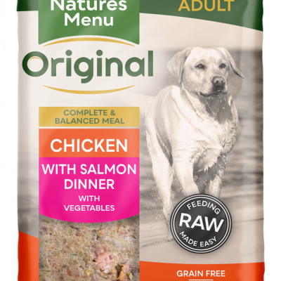 Natures Menu Original Frozen Adult Block meals chicken with salmon flavour pack shots